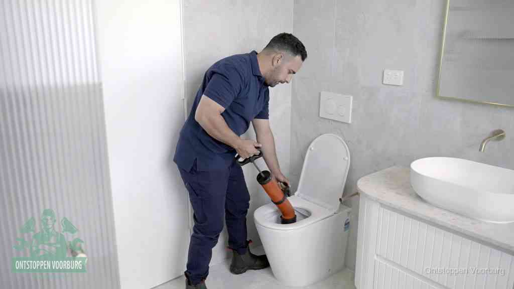 Een monteur buigt over een wandcloset en duwt met de hand een persluchtontstopper in de toiletpot om de verstopping handmatig los te maken in Voorburg