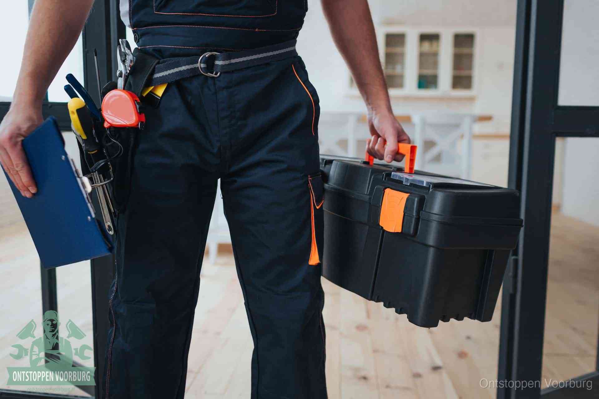 Een monteur met gereedschapsriem en klembord, klaar om een transparante prijs voor het wc ontstoppen in Voorburg te geven