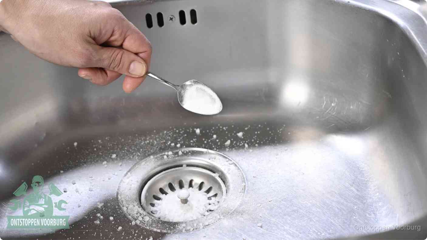 Hand strooit soda in de afvoer, riool ontstoppen met soda en azijn in Voorburg