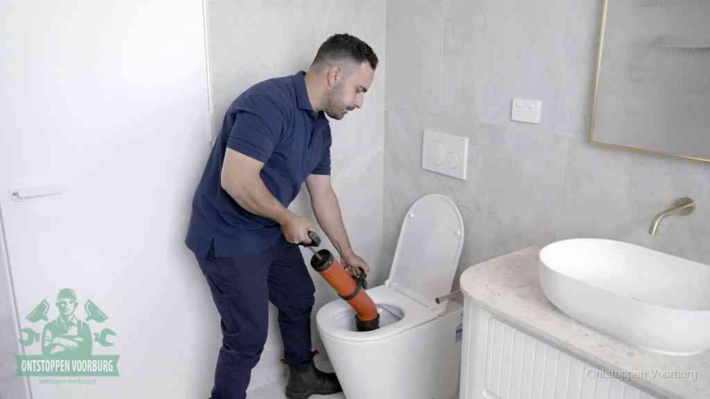 Een monteur gebruikt een handmatige perspomp (toiletontstopper) op een wandcloset tijdens het professioneel wc ontstoppen in Voorburg