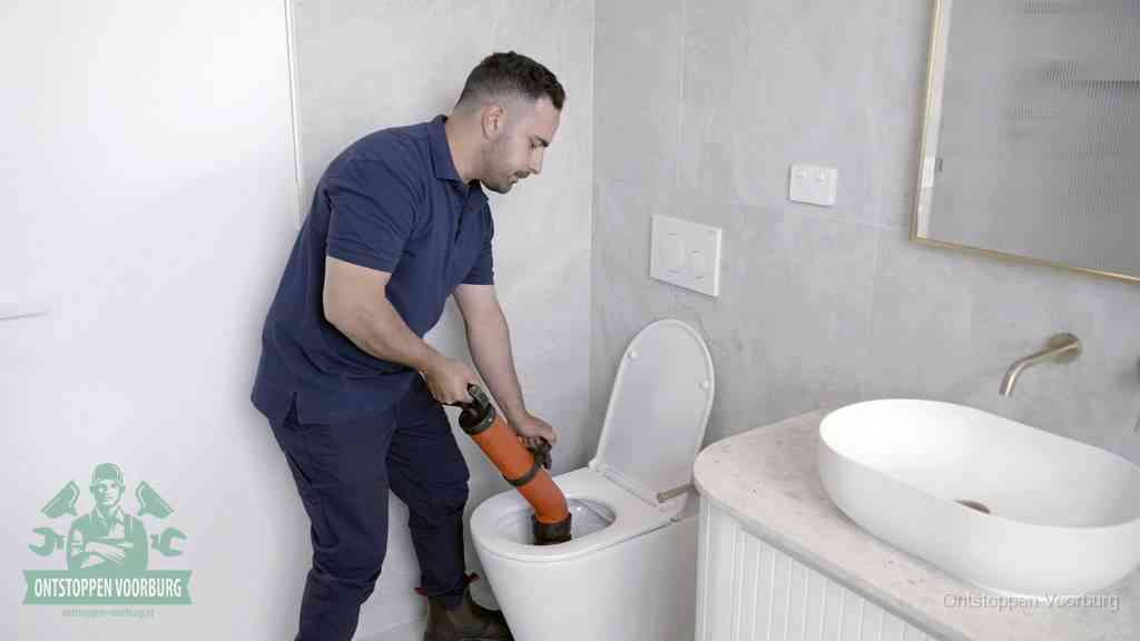 Een man gebruikt een handmatige luchtdruk-ontstopper in een modern betegeld toilet om zelf de wc te ontstoppen in Voorburg